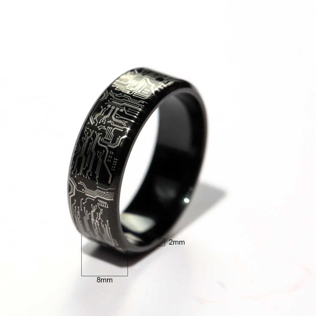Black Circuit Board Ring, 8mm Titanium Band, Computer Gamer Geek Wedding Anniversary Gift Band Ring